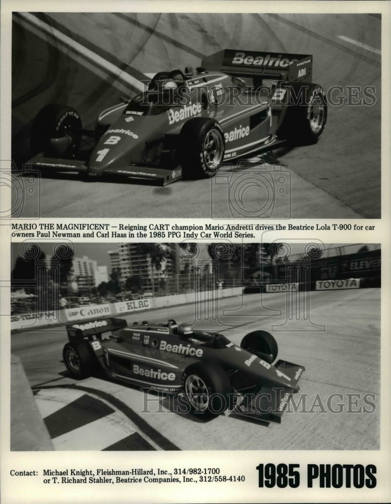 1985 Press Photo Reigning Cart champion Mario Andretti drives the Beatrice Lola- Historic Images