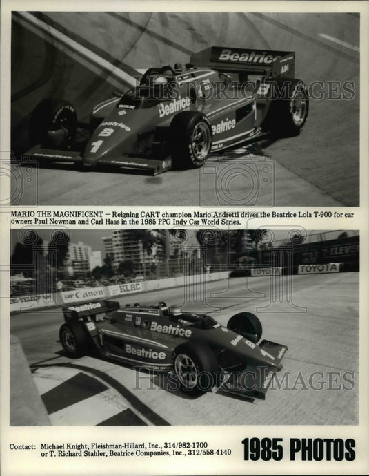 1985 Press Photo Reigning Cart champion Mario Andretti drives the Beatrice Lola- Historic Images