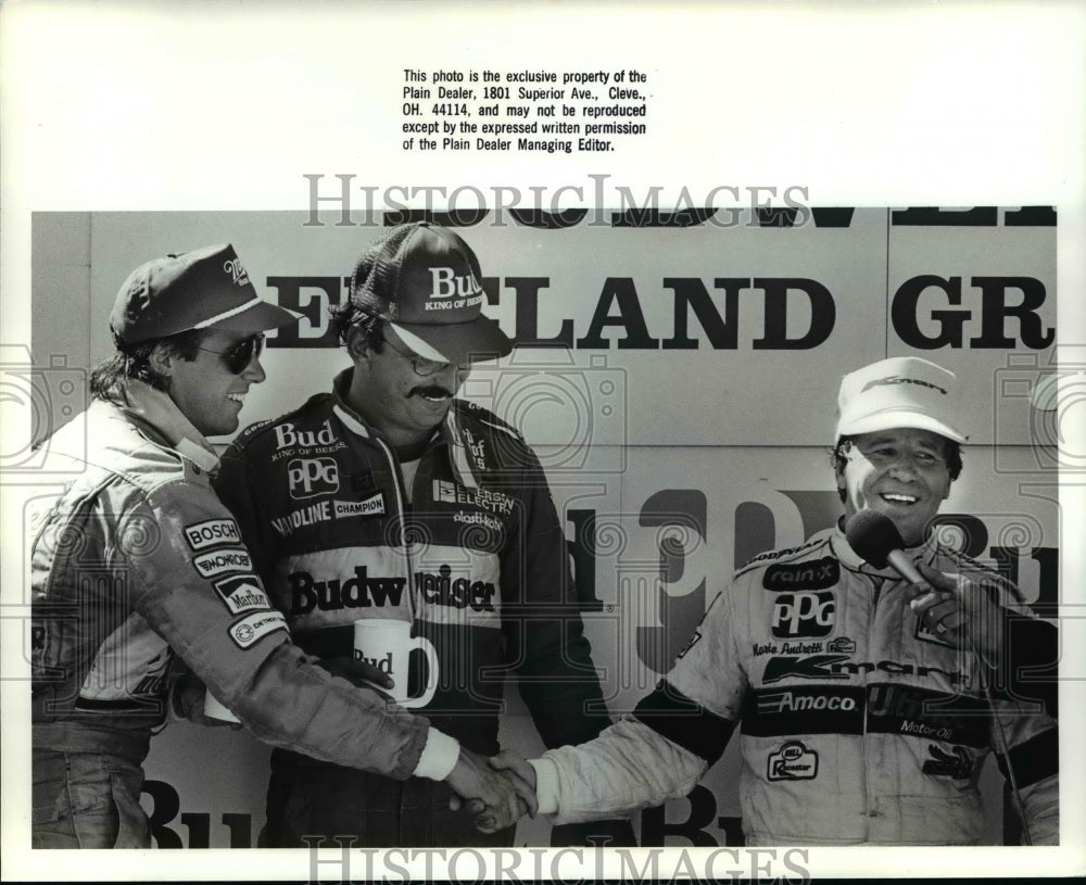 1988 Press Photo Danny Sullivan, Bobby Rahal, and winner Mario Andretti- Historic Images