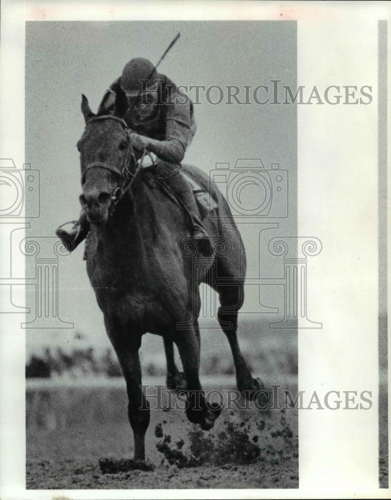 1985 Press Photo Skip Trial crosses the finish line to win the Ohio Derby- Historic Images