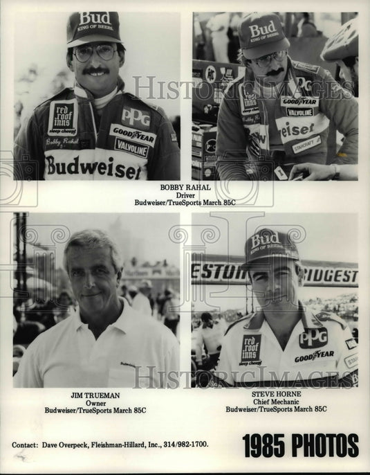 1985 Press Photo Bobby Rahal, Jim Trueman &Steve Horne of Budweiser/TrueSports- Historic Images