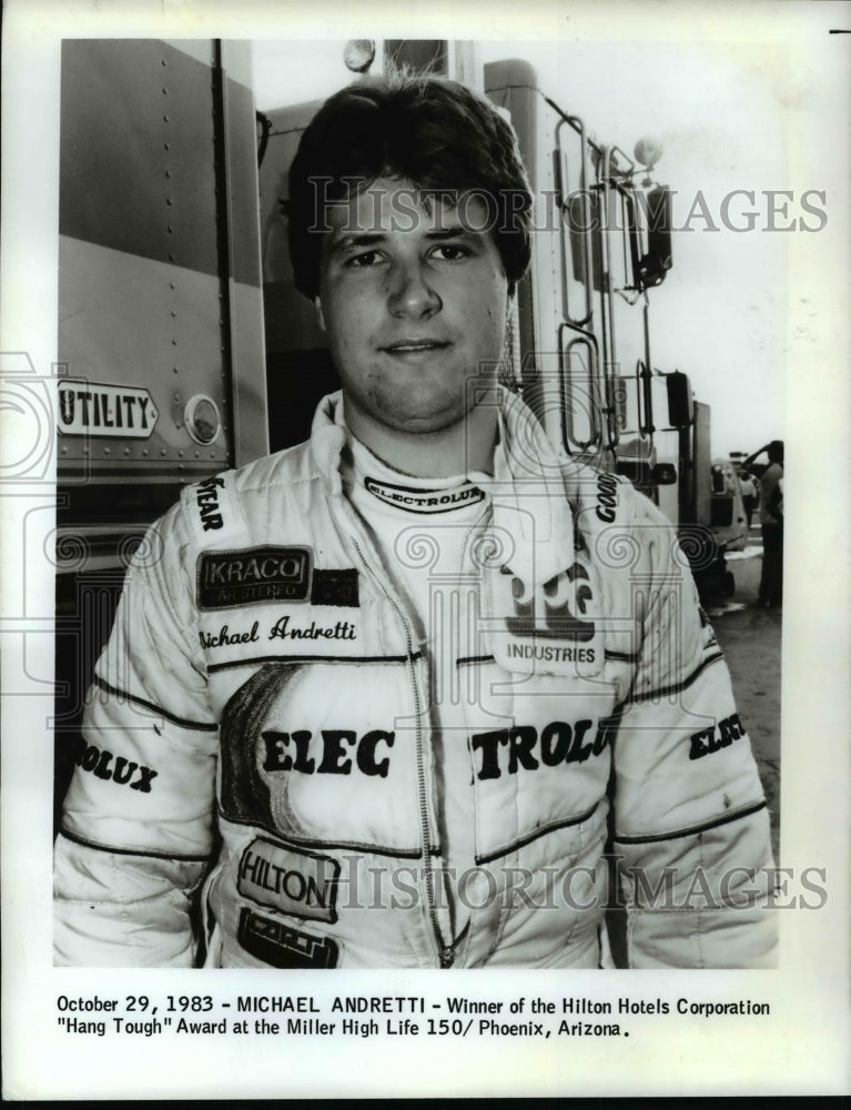 1983 Press Photo Michael Andretti Winner of the Hilton Hotels Hang tough award- Historic Images