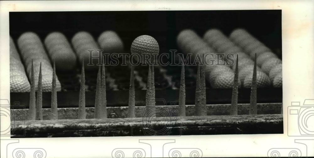 1981 Press Photo The ball comes from the painting machine is put on racks to dry- Historic Images