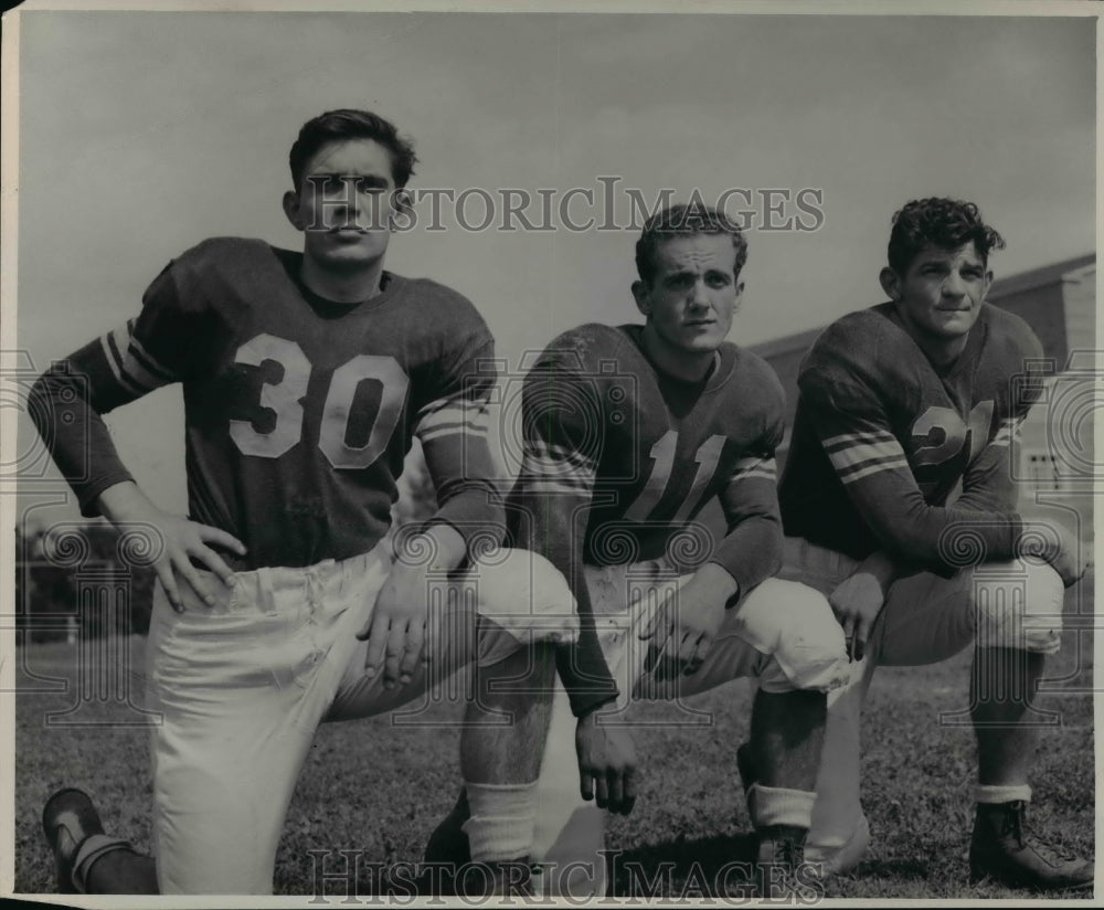 1948 Press Photo L-R: Jim Moran, Carl Toseff, Jack Minor of John Carrol Football- Historic Images