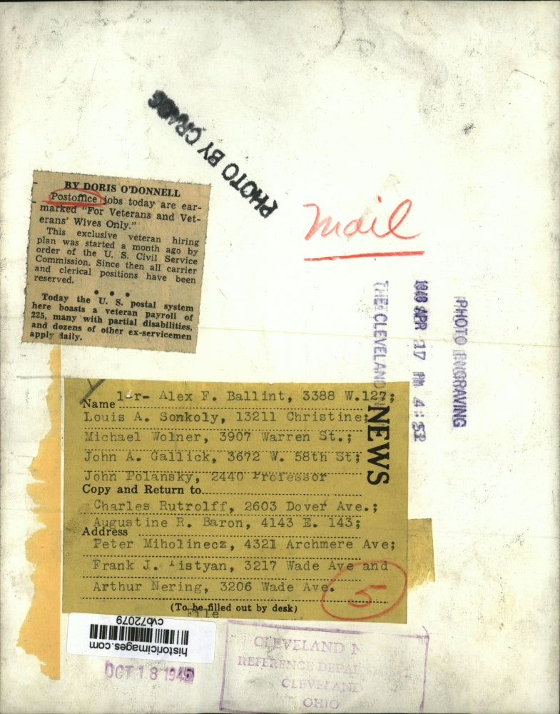 1948 Press Photo Post Office jobs today are earmarked for Veterans.