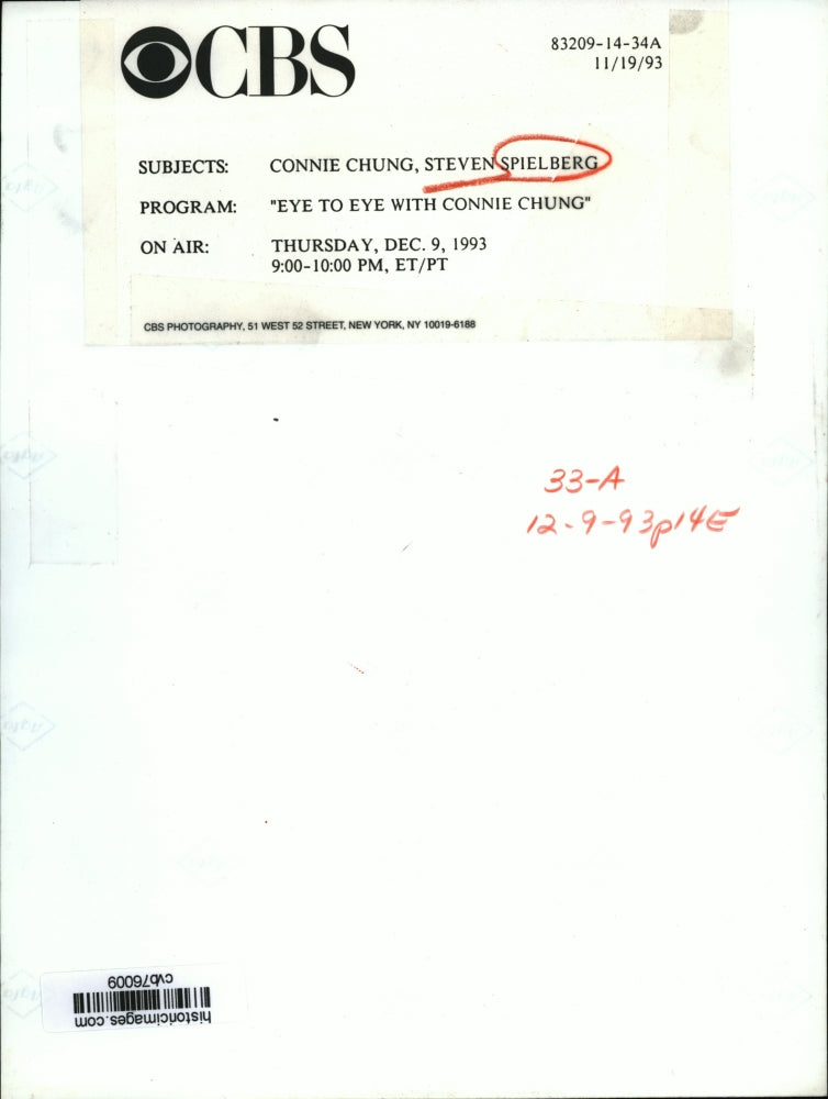 1993 Press Photo Connie Chung & Steven Spielberg in Eye to Eye with Connie Chung