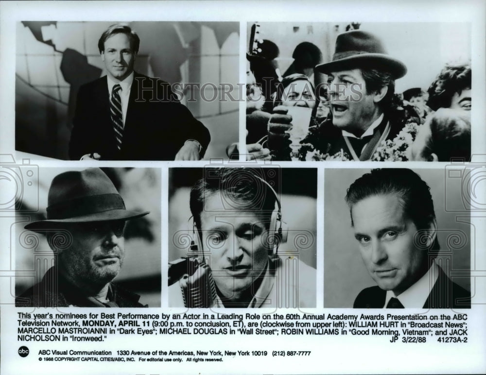 1988 Press Photo William Hurt Marcello Mastroianni Michael Douglas R. Williams- Historic Images