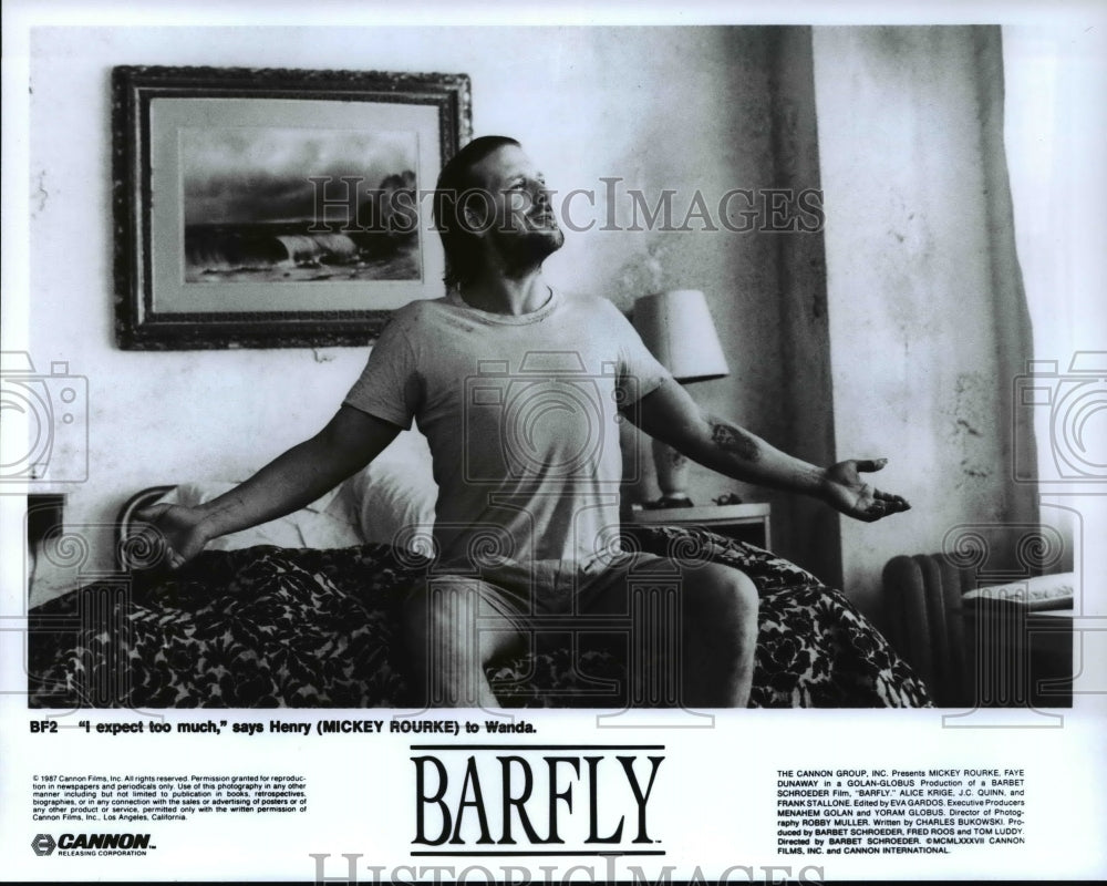 1987 Press Photo Mickey Rourke in "Barfly"- Historic Images