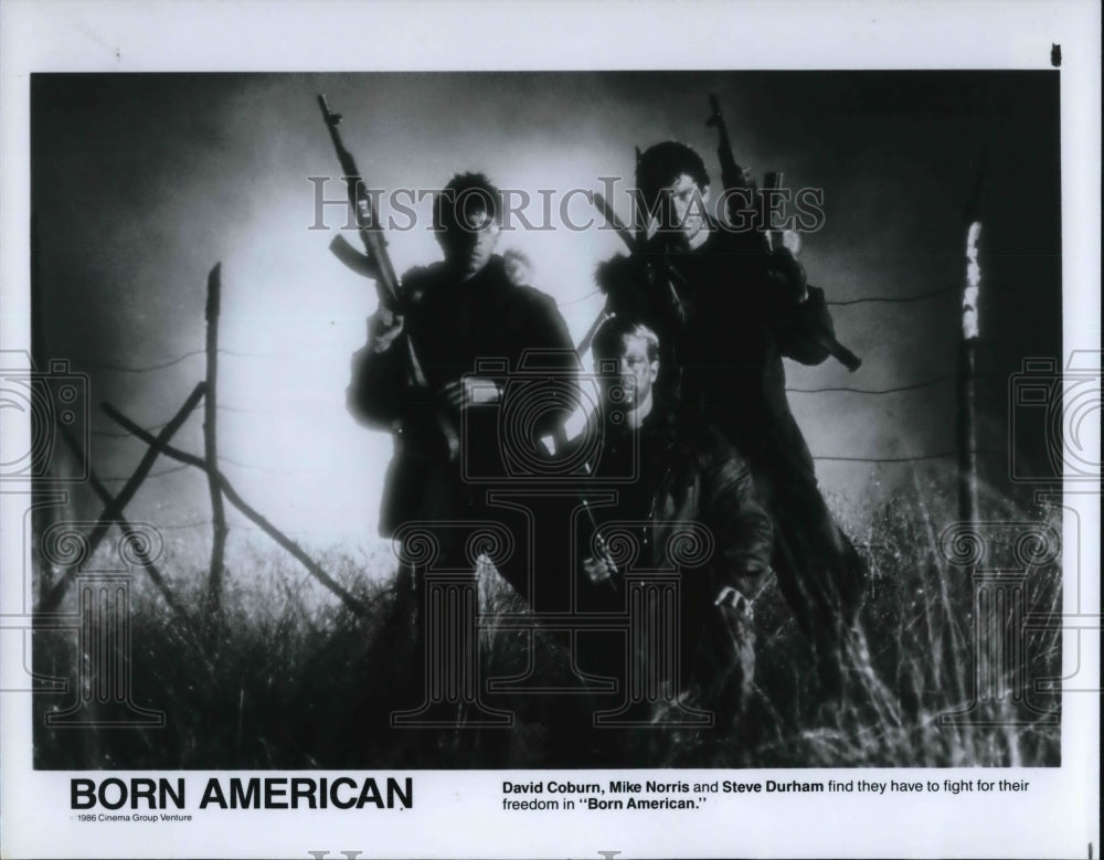1986 Press Photo David Coburn, Mike Norris &amp; Steve Durham in Born American- Historic Images