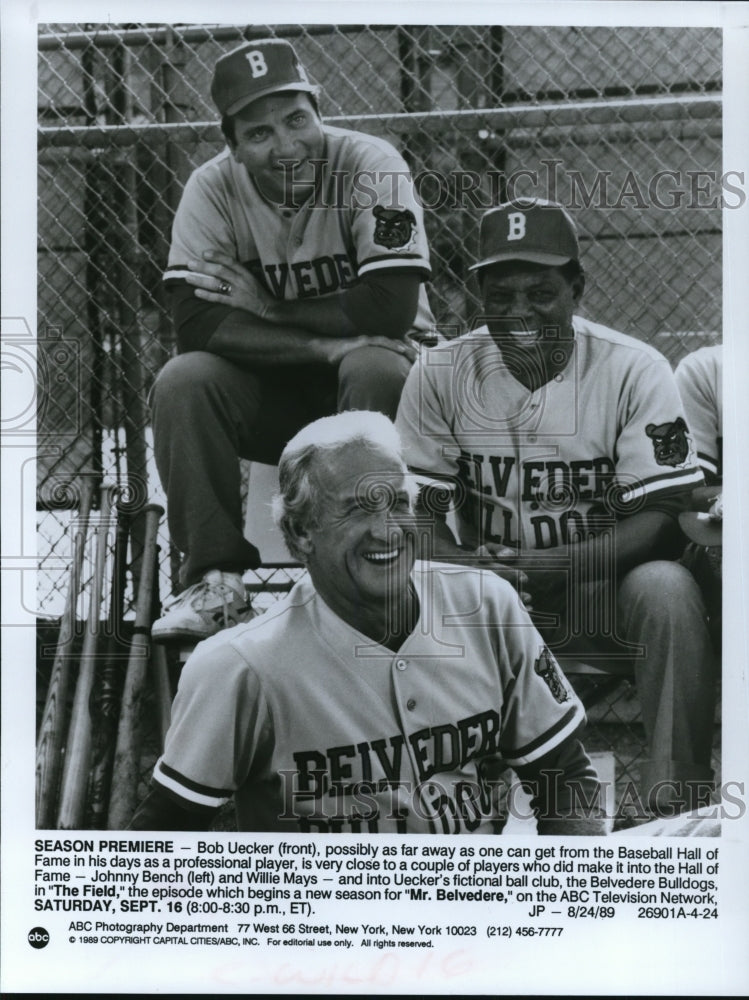 1989 Press Photo Bob Euker &amp; Willie Mays on Mr Belvedere - cvp31795- Historic Images