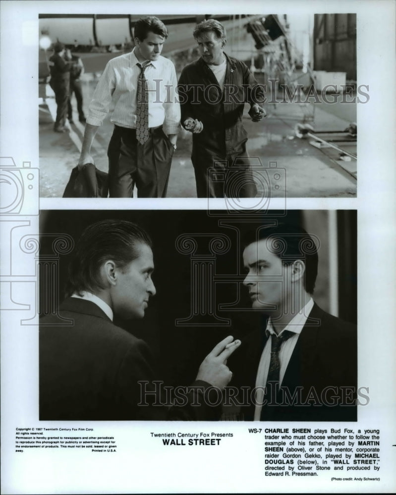 1988 Press Photo Charlie Sheen Martin Sheen Michael Douglas Wall Street- Historic Images