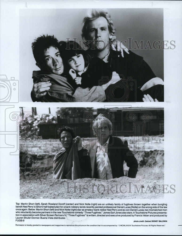 1989 Press Photo Nick Nolte Martin Short Sarah Rowland Doroff in Three Fugitives- Historic Images