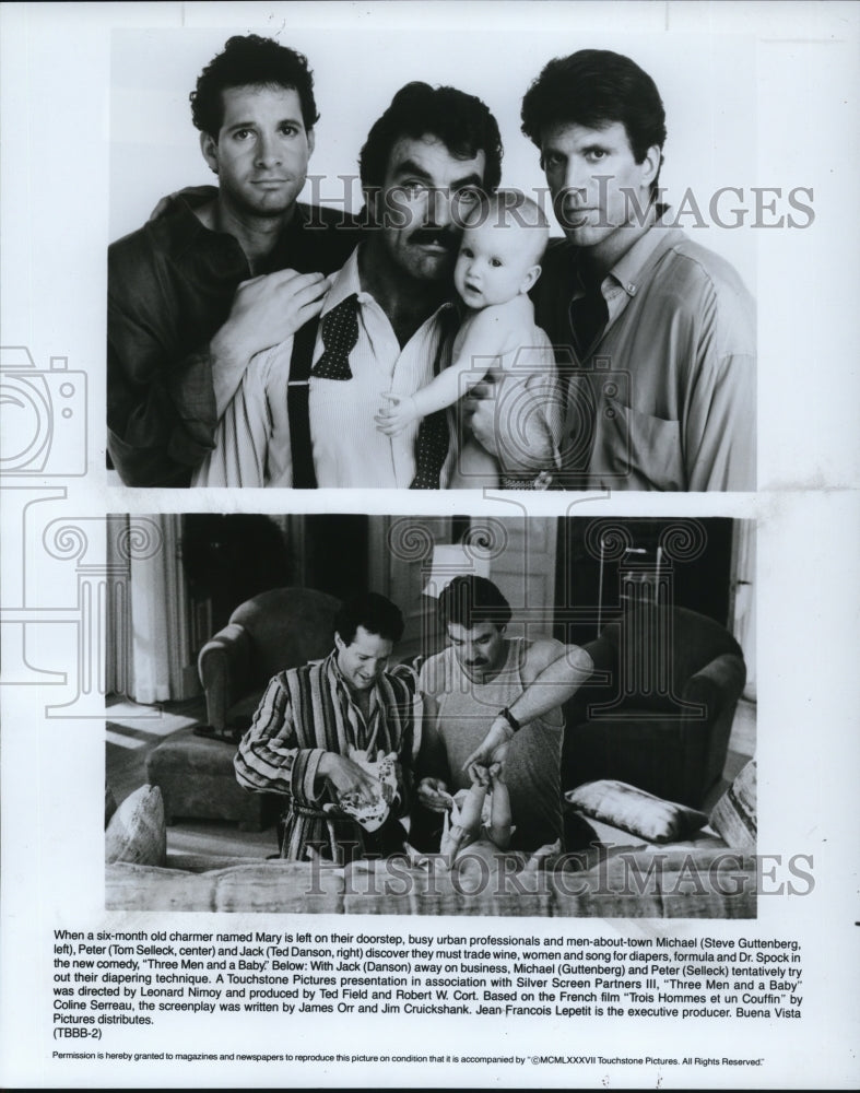 1987 Press Photo Steve Guttenberg Tom Selleck Ted Danson in Three Men and a Baby- Historic Images