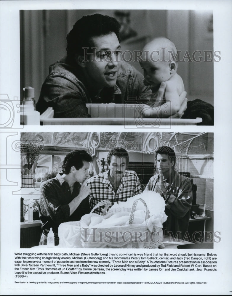 1987 Press Photo Steve Guttenberg Tom Selleck Ted Danson in Three Men and a Baby- Historic Images