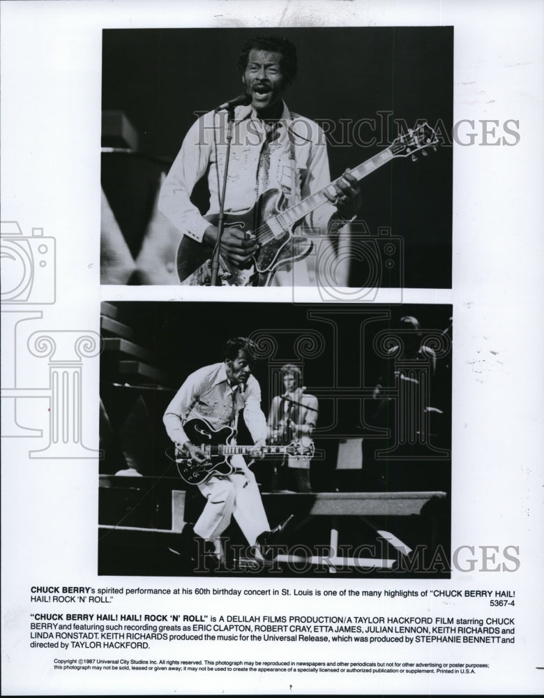 1987 Press Photo Chuck Berry musician stars in Chuck Berry Hail Hail Rock N Roll- Historic Images