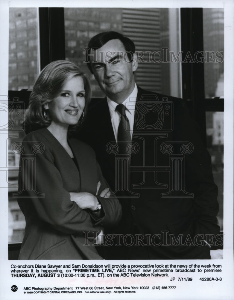 1989 Press Photo Co-anchors Diane Sawyer and Sam Donaldson in Primetime Live- Historic Images