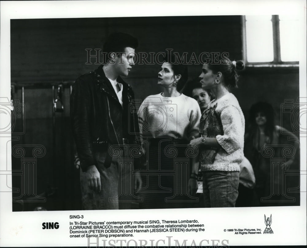 1989 Press Photo Lorraine Bracco Peter Dobson and Jessica Steen star in Sing- Historic Images