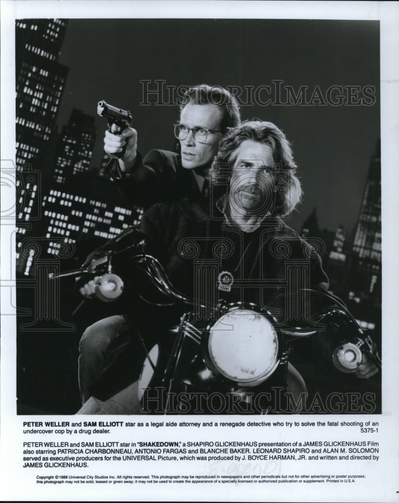 1988 Press Photo Peter Weller and Sam Elliott star in Shakedown movie film- Historic Images