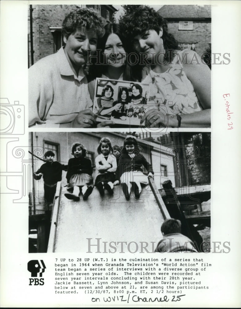 1987 Press Photo Jackie Bassett Lynn Johnson Susan Davis 7 Up to 28 Up TV show