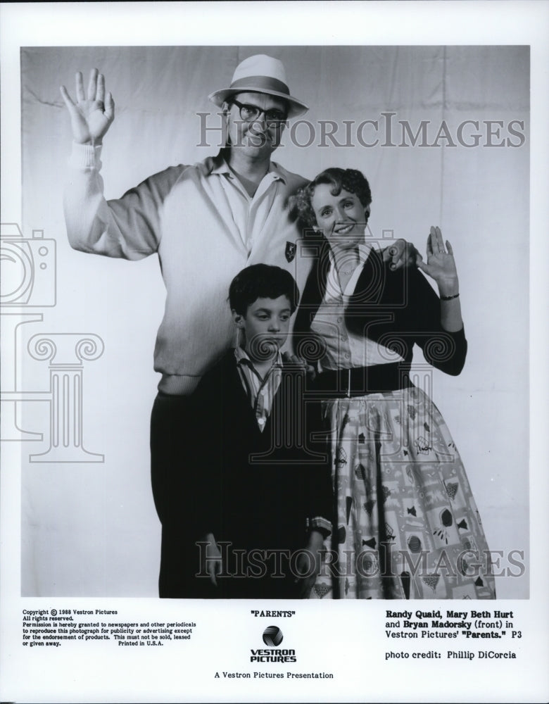 1988 Press Photo Randy Quaid, Mary Beth Hurt &amp; Bryan Madorsky in Parents- Historic Images