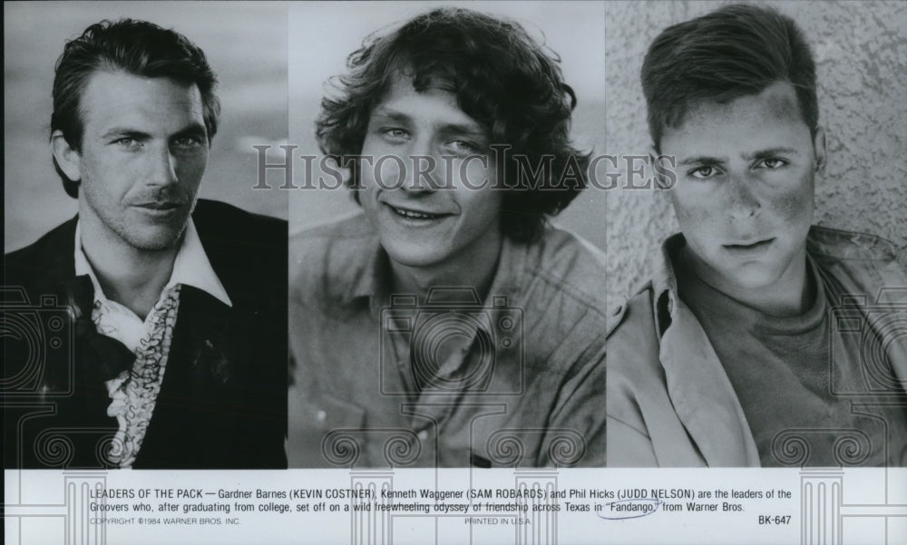 1984 Press Photo Kevin Costner, Sam Robards & Judd Nelson in Fandango- Historic Images