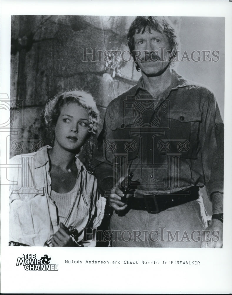 1988 Press Photo Melody Anderson &amp; Chuck Norris in Firewalker - cvp50326- Historic Images