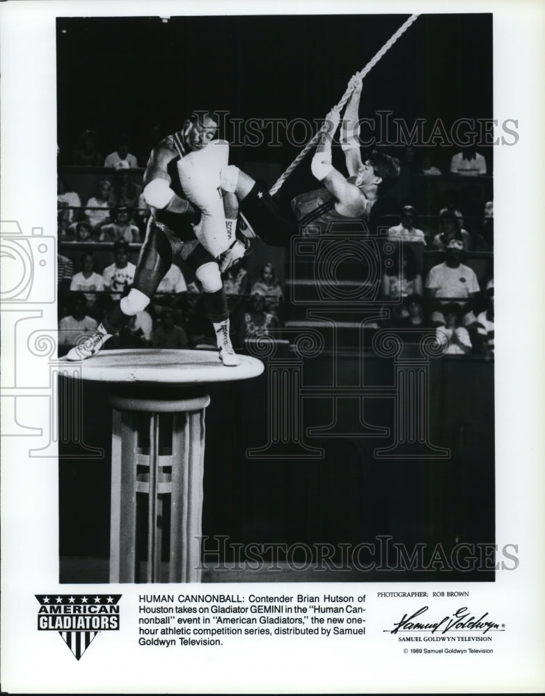 1989 Press Photo Brian Hutson and Gemini on American Gladiators - cvp54053- Historic Images