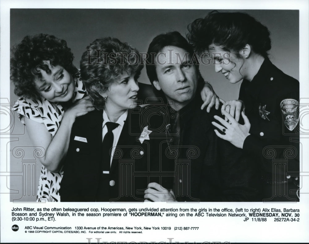 1988 Press Photo John Ritter, Alix Elias, Barbara Bosson in Hopperman- Historic Images