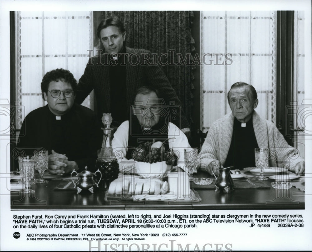 1989 Press Photo Stephen Furst,Ron Carey &amp; Frank Hamilton in Have Faith- Historic Images