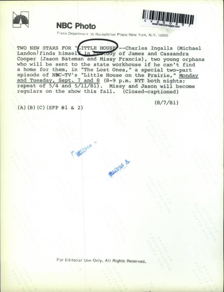 1981 Press Photo Michael Landon & Jason Bateman on Little House on the Prairie