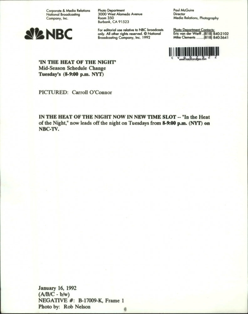 1992 Press Photo Carroll O'Connor In The Heat Of The Night - cvp62922