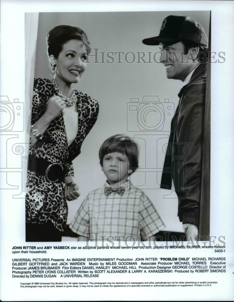 1991 Press Photo John Ritter, Amy Yasbeck, Michael Oliver in Problem Child