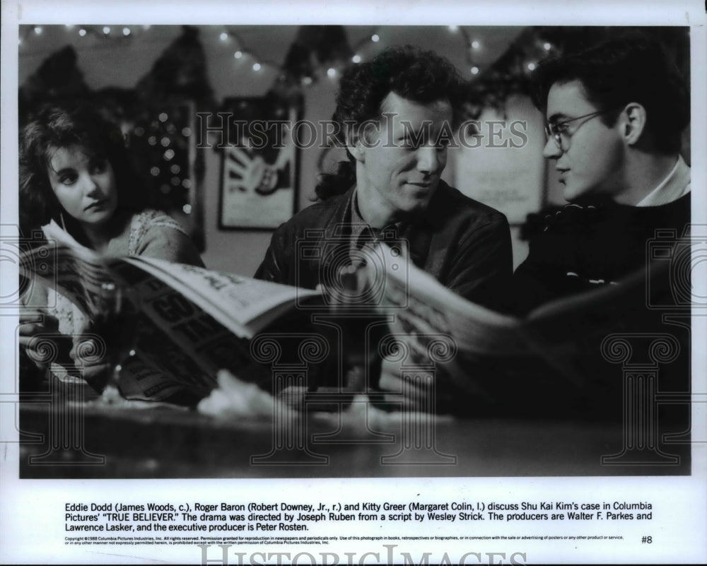 1989 Press Photo James Woods, Robert Downey Jr, Margaret Colin in True Believer- Historic Images