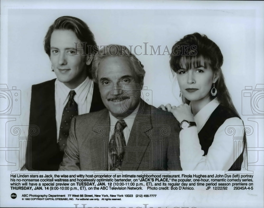 1992 Press Photo Hal Linden, Finola Hughes &amp; John Dye in Jack&#39;s Place- Historic Images