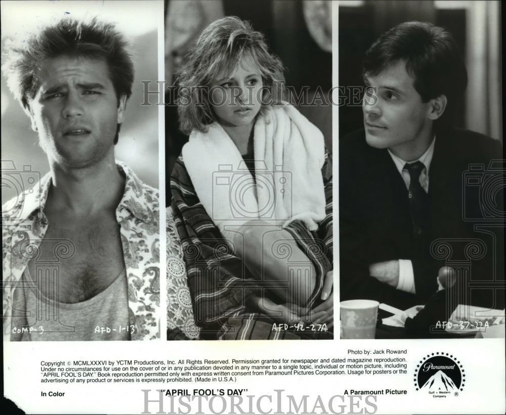1986 Press Photo Jay Baker, Deborah Foreman, Ken Olandt in April Fool&#39;s Day- Historic Images