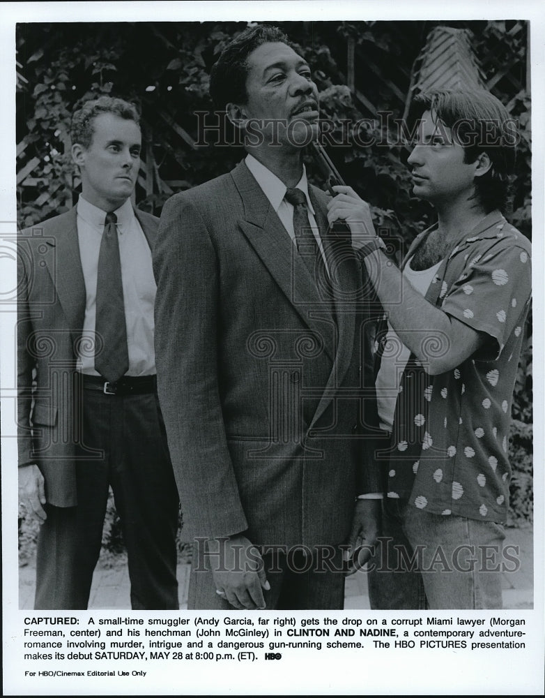 1988 Press Photo Andy Garcia John McGinley Morgan Freeman in Clinton and Nadine- Historic Images