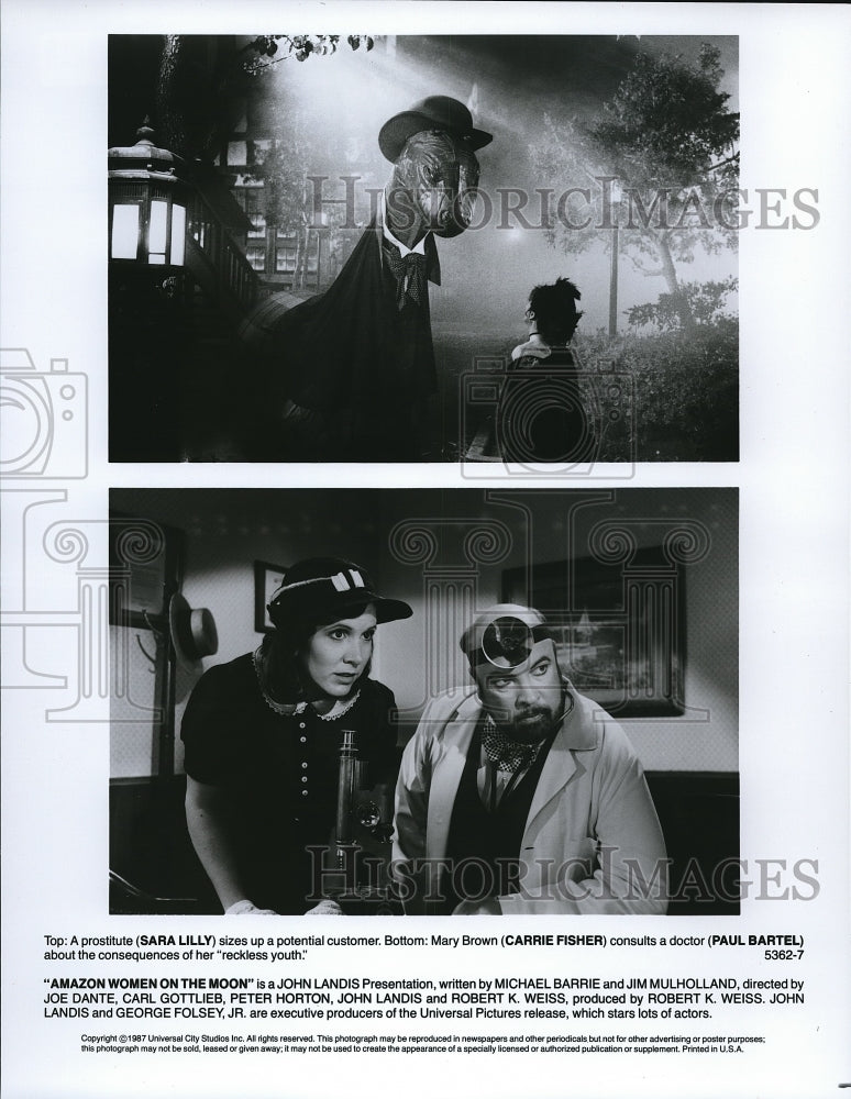 1988 Press Photo Sara Lilly Carrie Fisher Paul Bartel Amazon Women on the Moon- Historic Images
