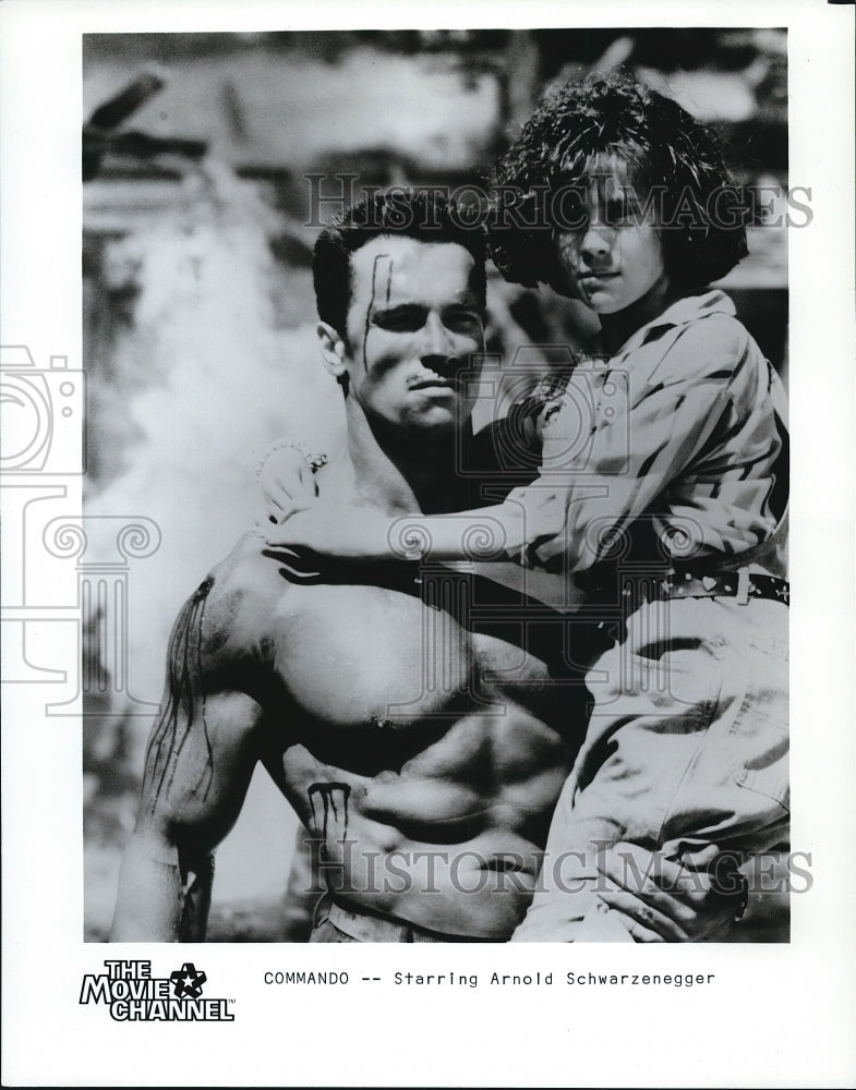 1986 Press Photo Arnold Schwarzenegger and Alyssa Milano in Commando - cvp68603- Historic Images