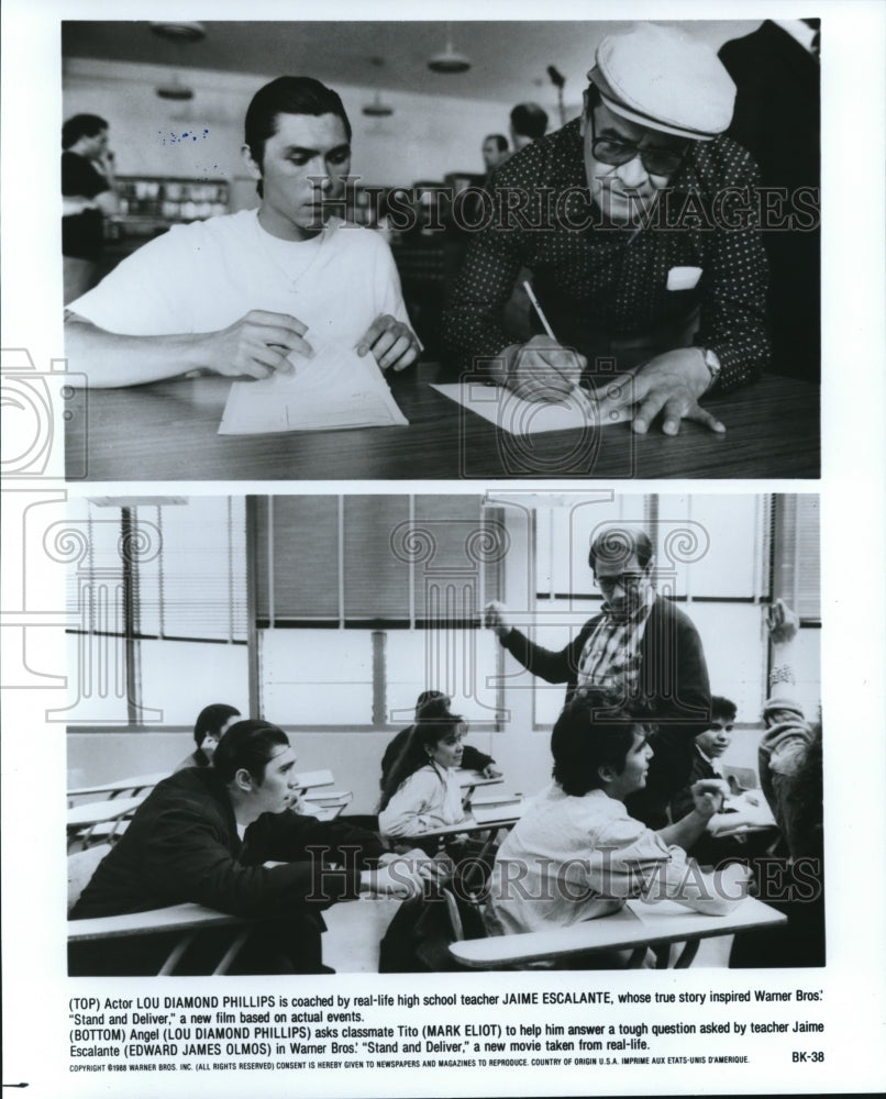 1988 Press Photo Lou Diamond Phillips Jaime Escalante and Edward James Olmos- Historic Images