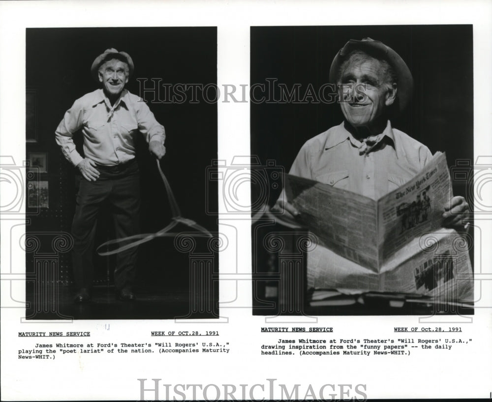 1991 Press Photo James Whitmore in Will Rogers&#39; U.S.A. - cvp83764- Historic Images