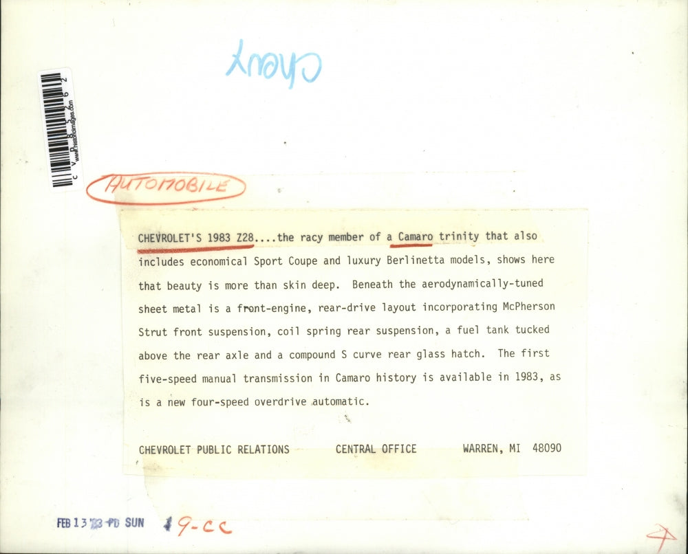 1983 Press Photo The 1983 Chevrolet Z28 Camaro Sport Coupe and Berlineta