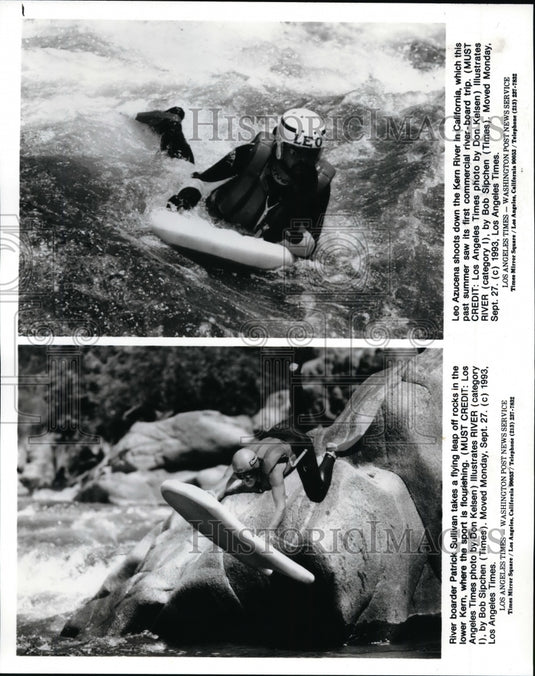 1993 Press Photo Patrick Sullivan and Leo Azucena bodyboard the Kern River.- Historic Images