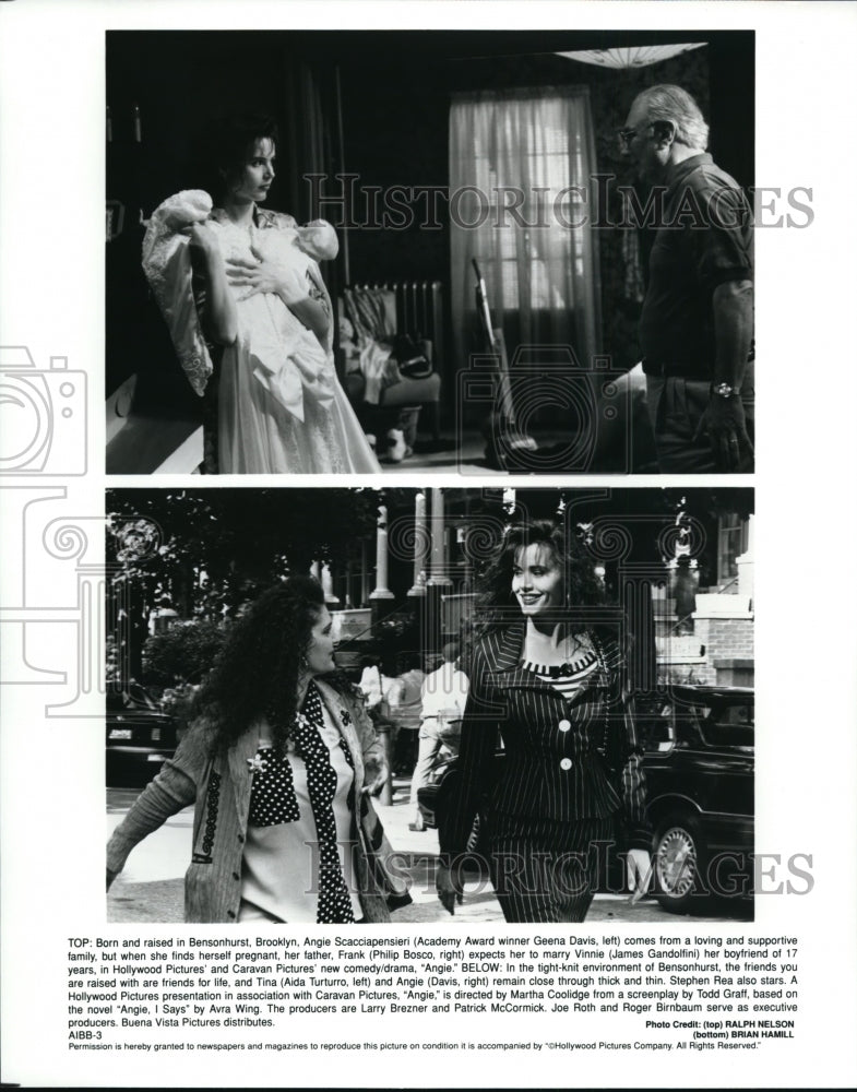 1995 Press Photo Geena Davis, Aida Turturro and Philip Bosco in Angie.- Historic Images