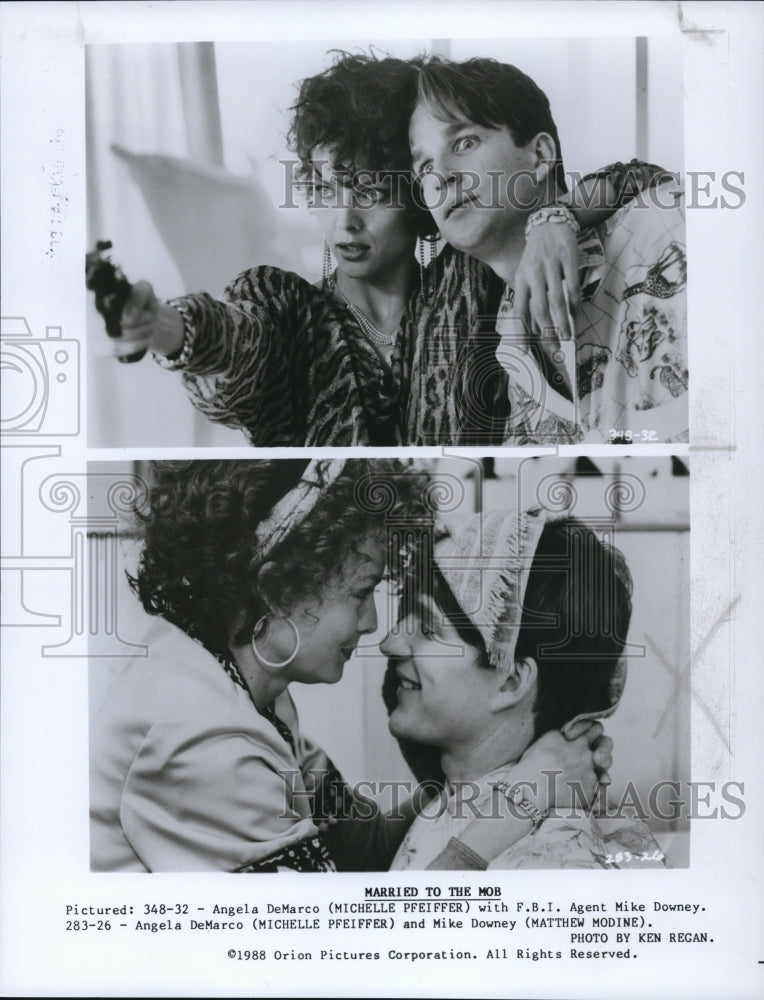 Load image into Gallery viewer, 1988 Press Photo Michelle Pfeiffer and Matthew Modine in "Married to the Mob"

