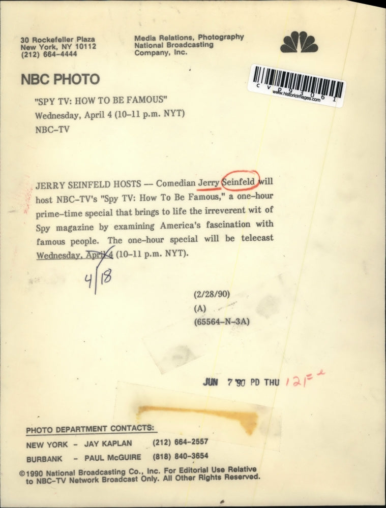 1990 Press Photo Comedian Jerry Seinfeld will host NBC-TV's Spy TV - cvp93061