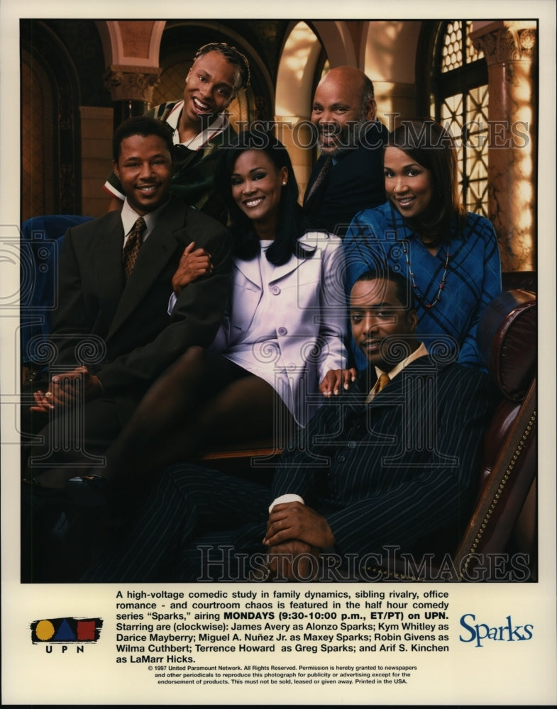 1997 Press Photo James Avery, Kym Whitley and Robin Givens in Sparks.- Historic Images