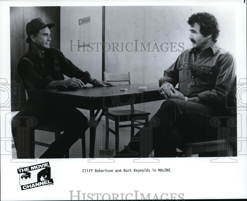 1988 Press Photo Cliff Robertson and Burt Reynolds in Malone. - cvp94425- Historic Images