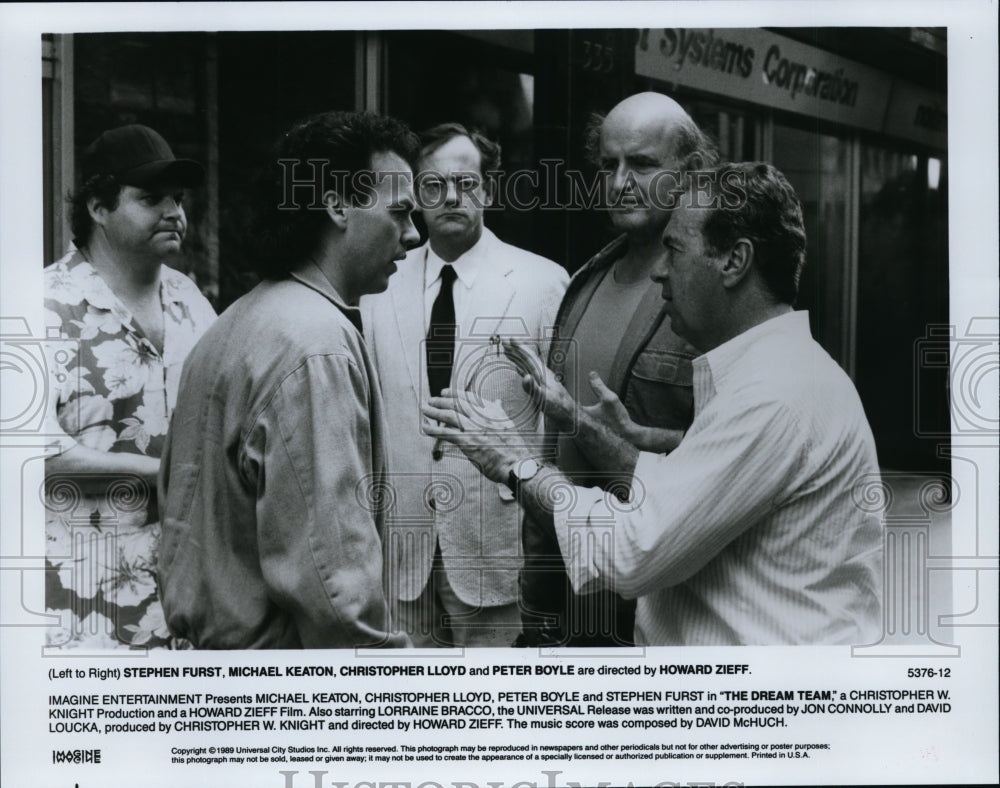 1989 Press Photo Stephen Furst, Michael Keaton & Peter Boyle in The Dream Team.