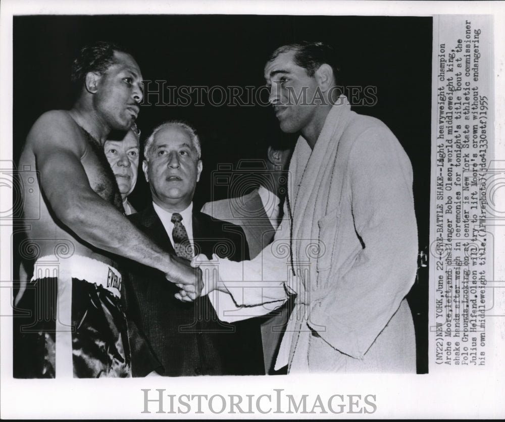 1955 Press Photo Light Heavyweight Champion Archie Moore &amp; Challenger Bobo Olson- Historic Images