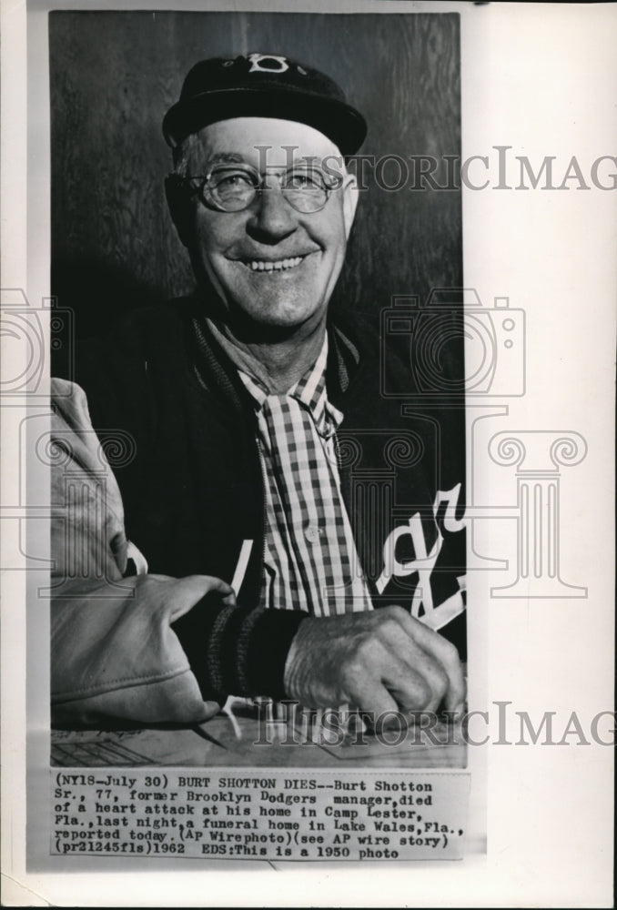 1962 Press Photo Former Brooklyn Dodgers Manager Burt Shotton Dies- Historic Images